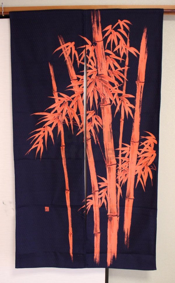 Photo2: Noren CSMO Japanese door curtain bamboo bassen blue red discharge dye 85 x 150cm