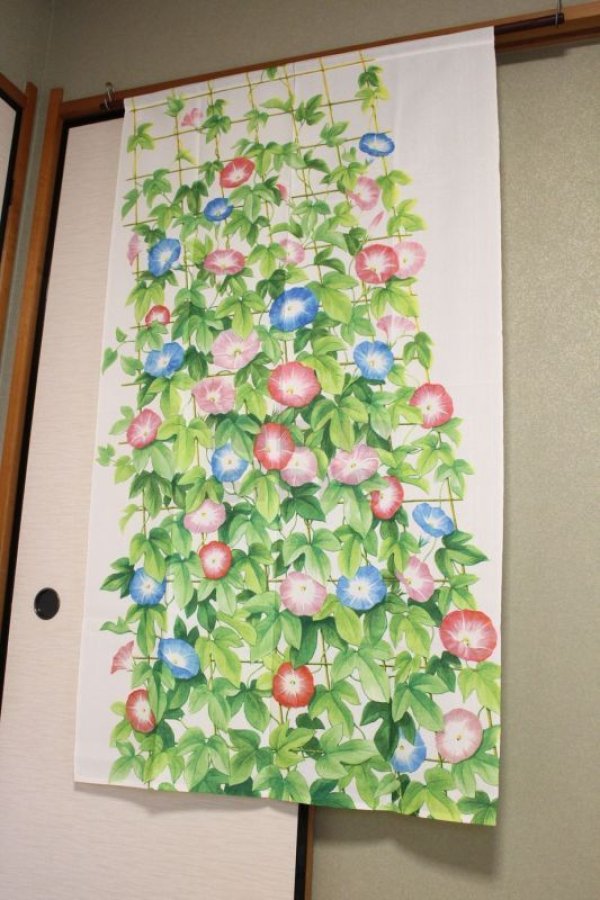 Photo1: Kyoto Noren MS Japanese door curtain Asagao Morning glory green 85 x 150cm