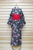 Photo1: Japanese Yukata women's Kimono sweet flower black cotton 100% with obi band (1)