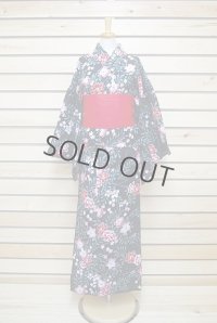 Japanese Yukata women's Kimono sweet flower black cotton 100% with obi band