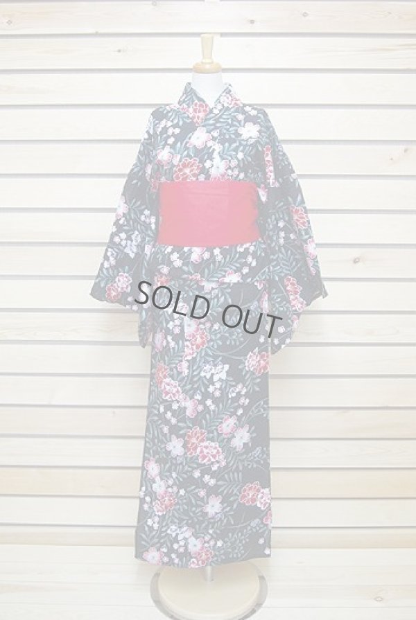 Photo1: Japanese Yukata women's Kimono sweet flower black cotton 100% with obi band