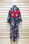 Photo2: Japanese Yukata women's Kimono sweet flower black cotton 100% with obi band (2)