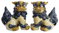 shiisa lion-shaped roof ornament of Okinawa pottery navyblue-white H12.5cm set of 2　