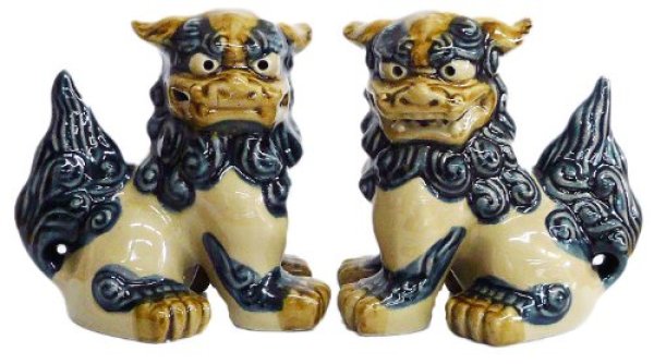 Photo1: shiisa lion-shaped roof ornament of Okinawa pottery navyblue-white H12.5cm set of 2　