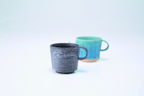 Photo1: Shigaraki wabe pottery Coffee Mug tea cup gray turquoise blue 230ml set of 2