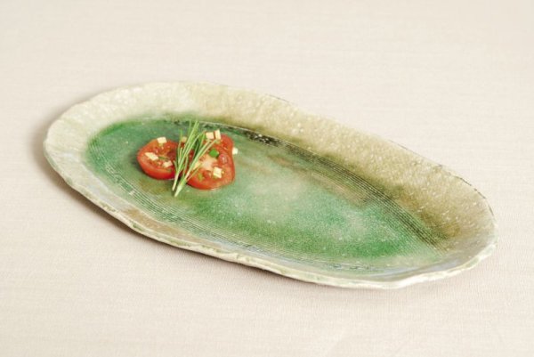 Photo1: Shigaraki pottery Japanese Serving plate harukusa washoku green 41cm