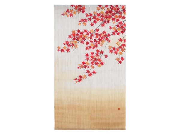 Photo1: Noren Japanese Doorway Curtain waza kyoto utage Autumn leaves linen 88 x 150 cm