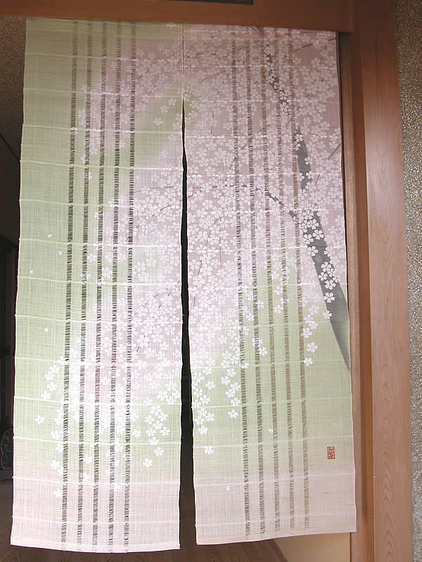 Photo1: Noren Japanese Doorway Curtain waza kyoto saki sakura cherry linen 88 x 150 cm