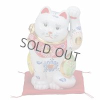 Japanese Lucky Cat Kutani Porcelain Maneki Neko rokugo white mori H19.5cm