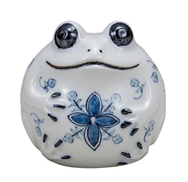 Photo1: Japanese Frog Statue Kutani Porcelain Kaeru sometsuke navy blue H8cm