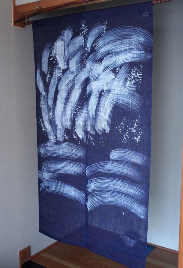 Photo1: Kyoto Noren SB Japanese batik door curtain Aranami Wave indigo 88cm x 150cm