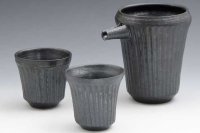 Kiyomizu porcelain Japanese sake bottle cups reishuki black shinogi