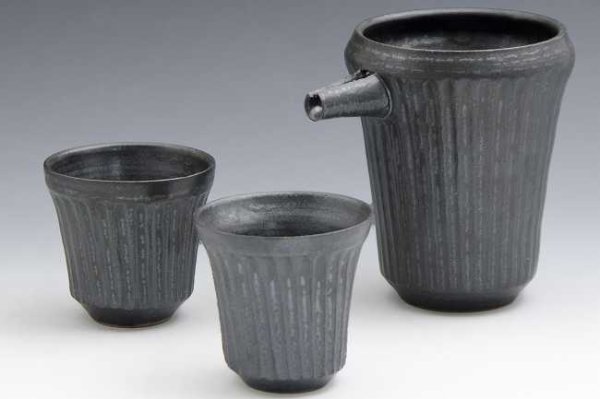 Photo1: Kiyomizu porcelain Japanese sake bottle cups reishuki black shinogi