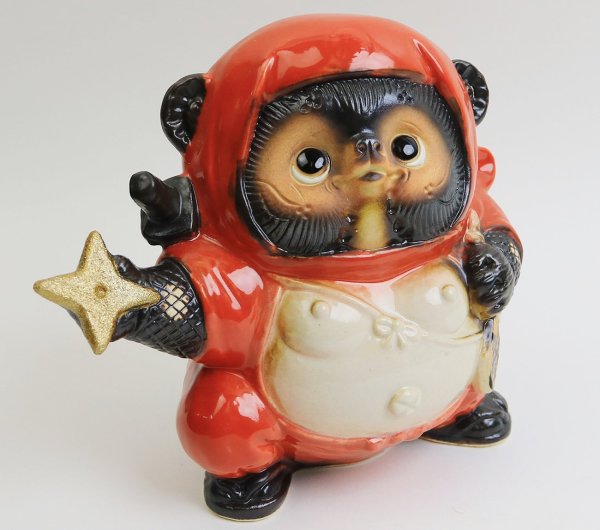 Photo3: Shigaraki pottery Japanese Tanuki Cute Raccoon Dog red Ninja shuriken H 17.5 cm