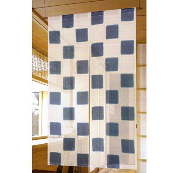 Photo1: Noren Japanese Doorway Curtain waza kyoto Ichimatsu check navy blue linen 85 x 150 cm