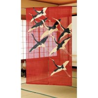 Noren Japanese Doorway Curtain waza crane makie red Linen 88 x 150 cm