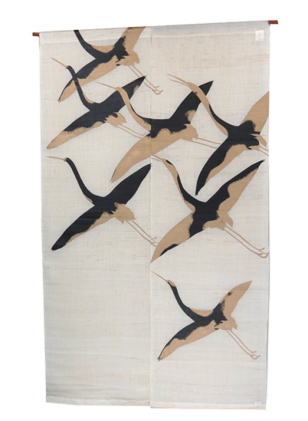 Photo1: Noren Japanese Doorway Curtain waza crane makie white Linen 88 x 150 cm