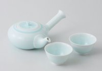 Hasami porcelain Japanese kyusu tea cup set Seiji light blue glaze