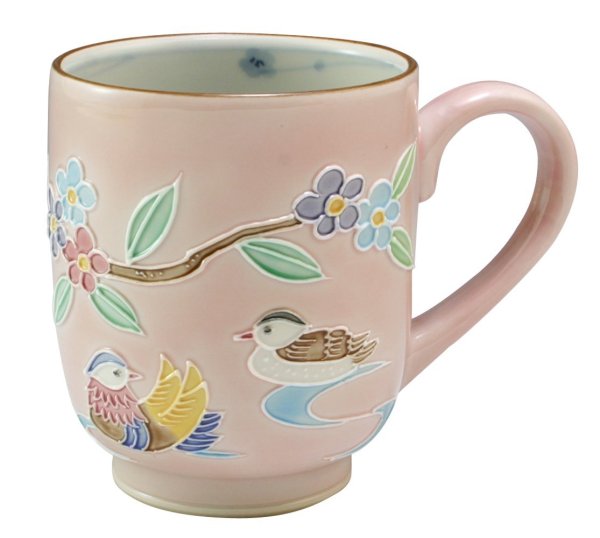 Photo1: Kiyomizu Japanese porcelain mug coffee cup kochi mandarin duck pink 210ml