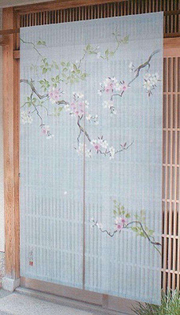 Photo1: Noren Japanese Doorway Curtain waza sakura cherry leaf linen 88 x 150 cm