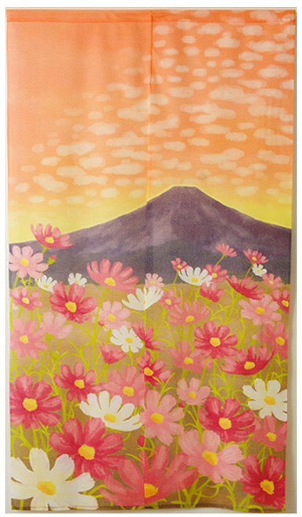 Photo1: Noren CSMO Japanese door curtain Mt.Fuji cosmos 85 x 150 cm