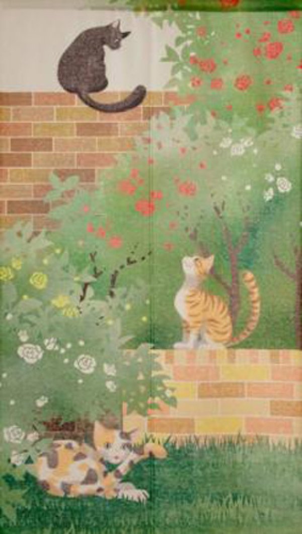 Photo1: Noren CSMO Japanese door curtain cat rose Yukari Mishima 85 x 150 cm