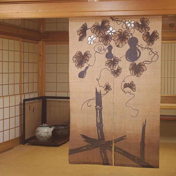 Photo1: Noren Mitsuru Japanese linen door curtain kusakizome bamboo gourd 88 x 150cm