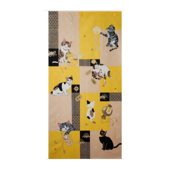 Photo1: Noren CSMO Japanese door curtain harie yellow cats long 85 x 170 cm