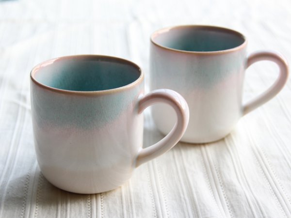 Photo1: Hagi Japanese pottery mug coffee cup mint pink-light-blue gradation set of 2