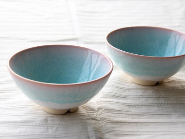 Photo2: Hagi yaki ware Japanese rice bowl mint pink-light-blue gradation set of 2