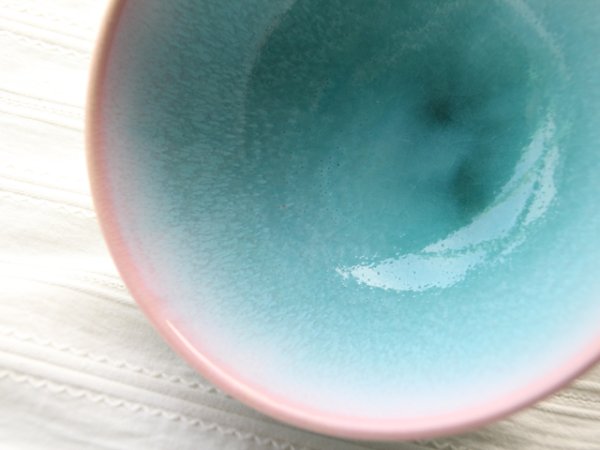 Photo4: Hagi yaki ware Japanese rice bowl mint pink-light-blue gradation set of 2