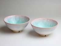 Hagi yaki ware Japanese rice bowl mint pink-light-blue gradation set of 2