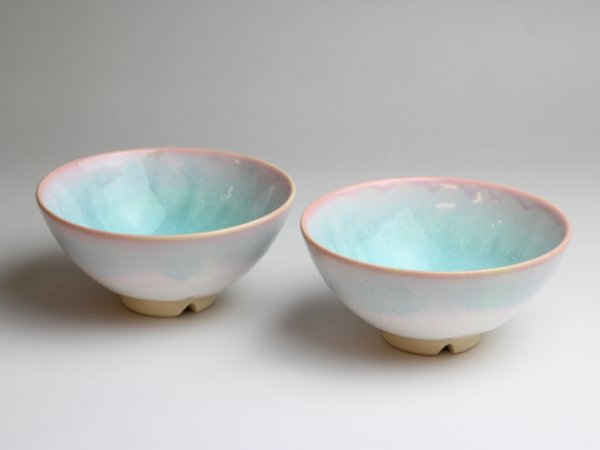 Photo1: Hagi yaki ware Japanese rice bowl mint pink-light-blue gradation set of 2