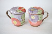 Mino Japanese pottery mug tea coffee cup camellia with strainer and lids set of 2