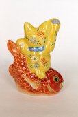 Photo9: Japanese Lucky Cat Kutani yaki ware Porcelain Maneki Neko Kinsai Yellow mori