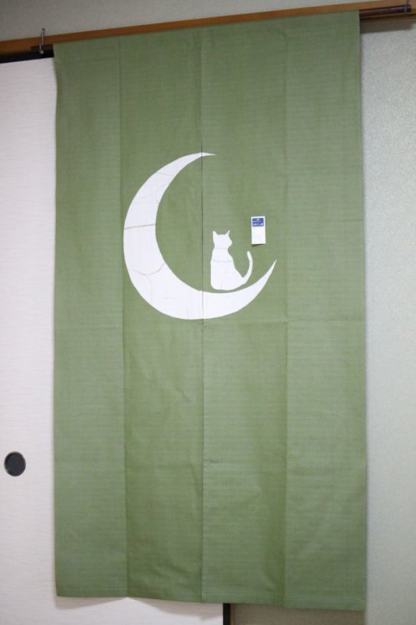 Photo5: Kyoto Noren SB Japanese batik door curtain T.Neko Moon&Cat ol.green 85cm x 150cm