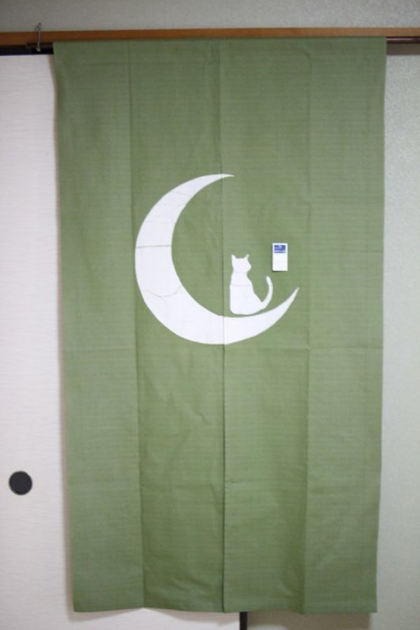 Photo4: Kyoto Noren SB Japanese batik door curtain T.Neko Moon&Cat ol.green 85cm x 150cm