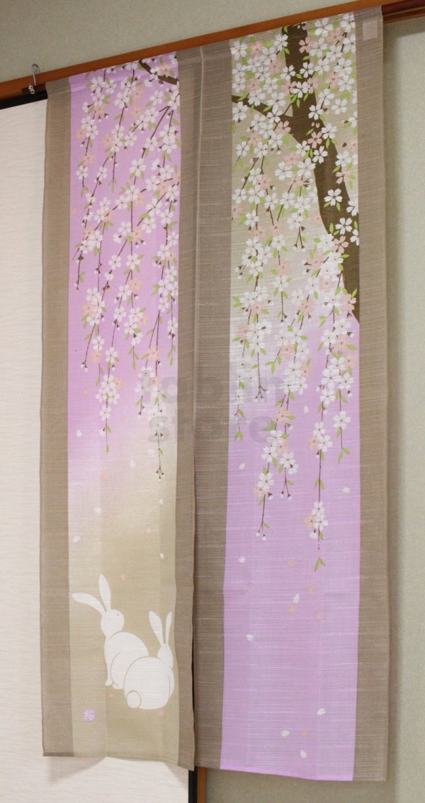 Photo1: Noren Japanese Curtain Doorway NM SD rabbit sakura cherry 85 x 150 cm