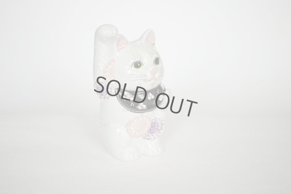 Photo6: Maneki Neko Japanese Lucky Cat Kutani Porcelain flower pink-purple H14cm
