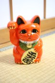 Photo9: Japanese Lucky Cat Tokoname ware YT Porcelain Maneki Neko koban right red H19cm