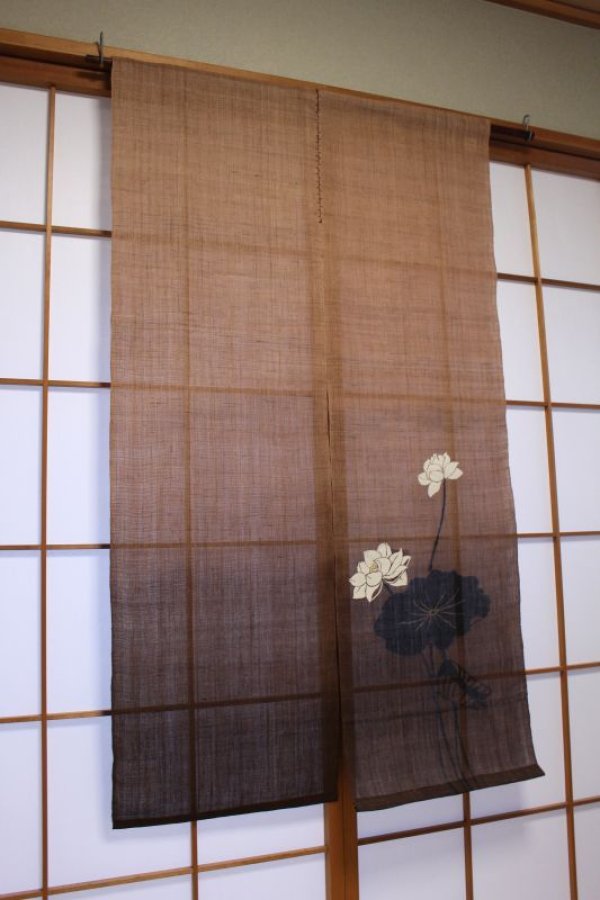 Photo7: Noren Mitsuru Japanese linen door curtain Kakishibu hasu lotus 88 x 150cm