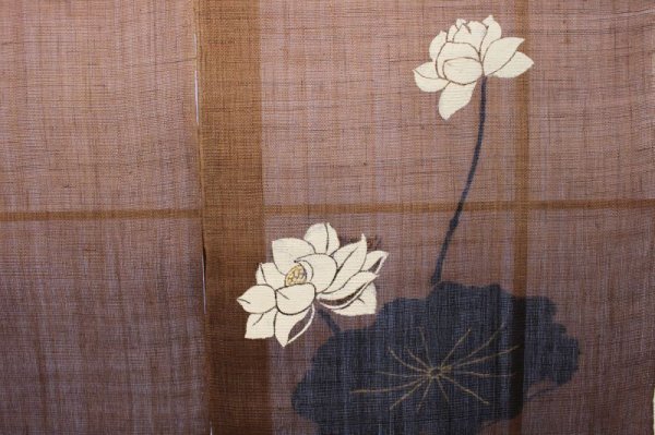 Photo5: Noren Mitsuru Japanese linen door curtain Kakishibu hasu lotus 88 x 150cm