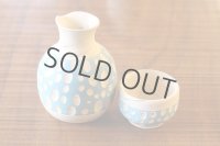 Tokoname Japanese sake bottle cup set YT Kenji Tokkuri guinomi polka-dot blue