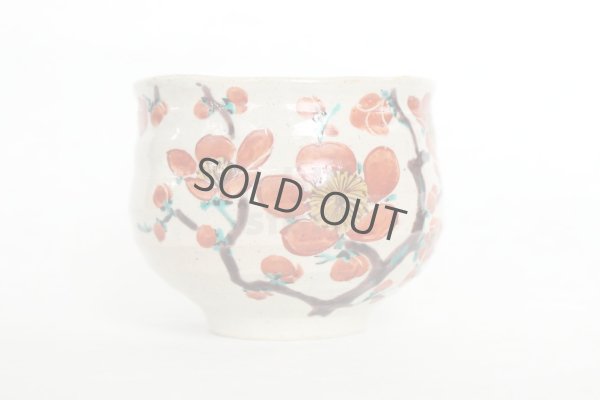 Photo7: Kutani porcelain Japanese Matcha chawan tea bowl yon ippuku red plum aka ume