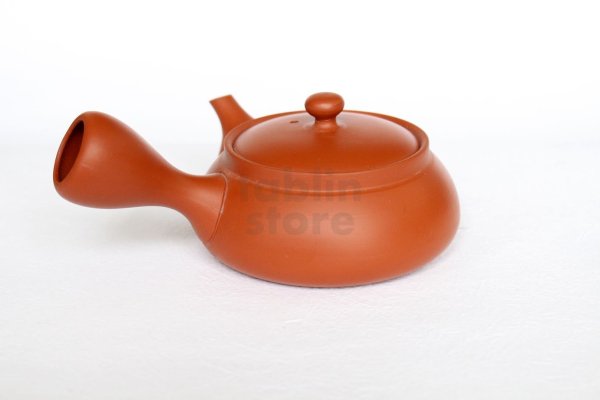 Photo1: Tokoname tea pot kyusu Jinsui Kiwami shudei red biku flat shape small 120ml