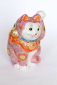 Photo6: Japanese Lucky Cat Kutani Porcelain Maneki Neko rokugo pink mori H 19.5cm 