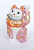 Photo1: Japanese Lucky Cat Kutani Porcelain Maneki Neko rokugo pink mori H 19.5cm  (1)