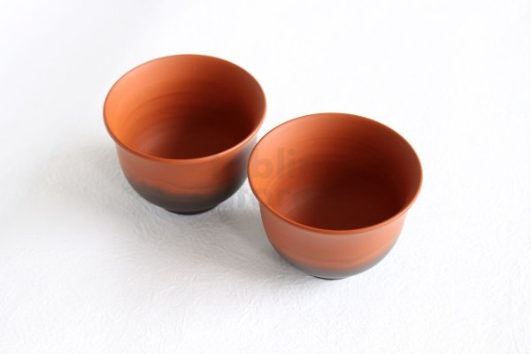 Photo2: Tokoname Japanese Yunomi tea cups Koji Iwase syudei yohen red 85ml set of 2