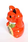 Photo4: Japanese Lucky Cat Tokoname ware YT Porcelain Maneki Neko koban left red H19cm (4)