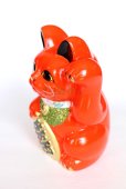 Photo4: Japanese Lucky Cat Tokoname ware YT Porcelain Maneki Neko koban left red H19cm